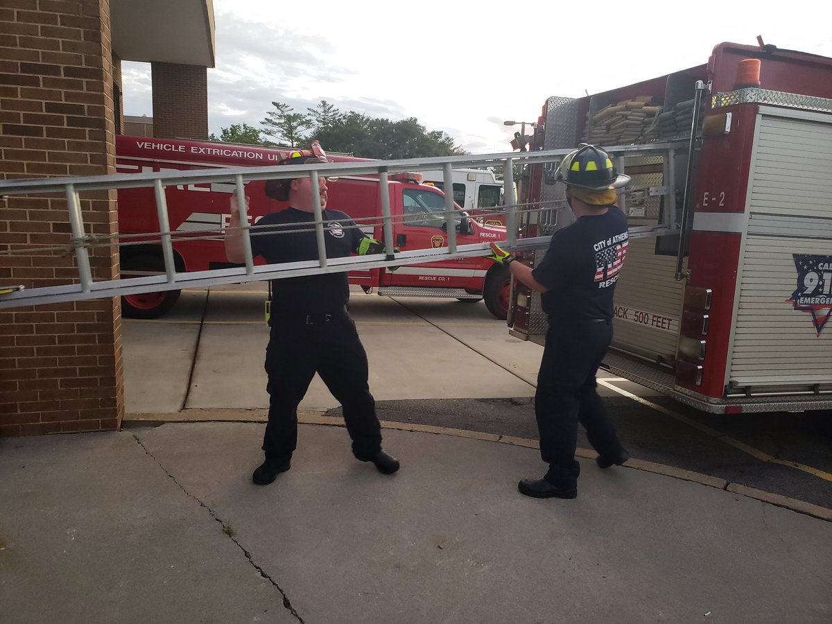 CityofAthensFD's tweet photo. AFD's 3rd Battalion putting in some training "throwing ladders" or practicing setting up ladders for Firefighting/Rescue Operations. Just one of many ways the AFD maintains readiness to respond to calls for service within the Friendly City https://t.co/KQJiC69G6x