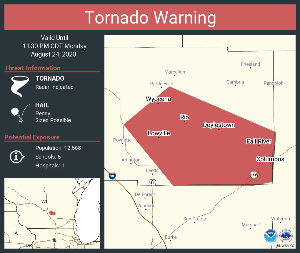 Tornado Warning continues for Columbus WI, Fall River WI, Rio WI until