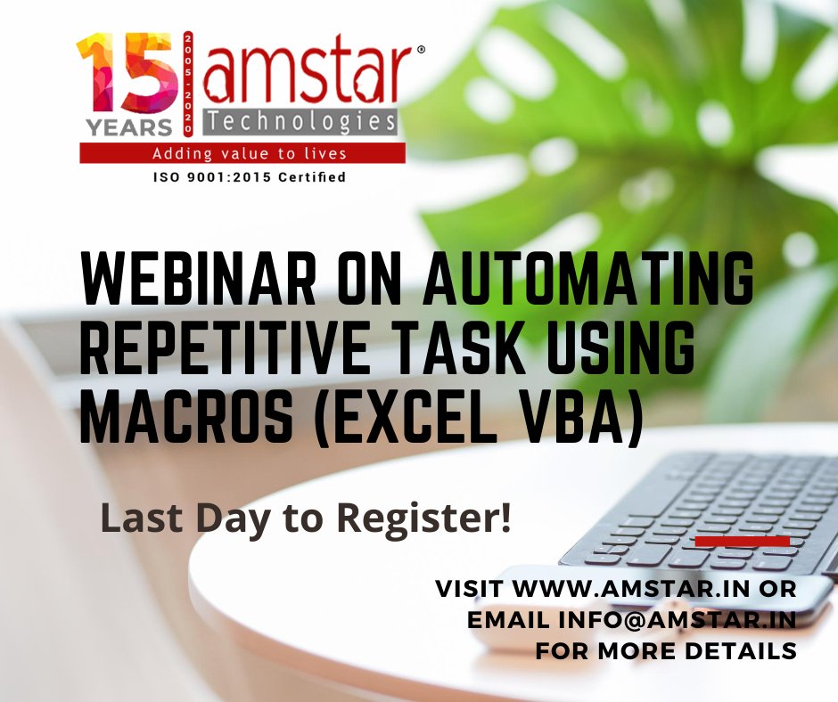 amstar_india's tweet image. Learn - Automating Repetitive task using Macros (Excel VBA) 

Register now for a Free Webinar! 

Date: 26th Aug 2020 
Time: 11:00 AM IST

docs.google.com/forms/d/e/1FAI…

#AutomatingRepetitiveTasks #AutomateTasks #Macros #ExcelVBA #Webinar #FreeWebinar
