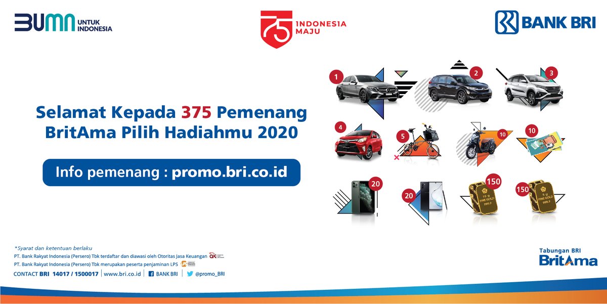 Bank Bri On Twitter Selamat Kepada 375 Pemenang Britama Pilih Hadiahmu 2020 Info Pemenang Klik Https T Co Fqmfs1vw2x Promobri Bankbri Https T Co A8e0nmenok