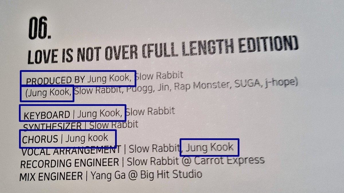 KOMCA-registered songs credited to Jungkook: In The Soop, Magic Shop, Outro: Love Is Not Over, Introduction: Youth, Run, Still With You, Autumn Leaves and My Time. And he is also credited for "Your Eyes Tell" On JASRAC (Japanese Society for Rights of Authors & Composers).