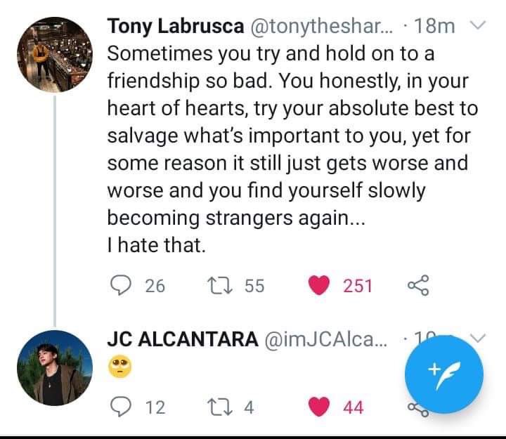 When JC was going through a problem and deactivated twitter and uploaded some cryptic posts, Tony’s series of sound advice was peak BF Culture. . . Tony even welcomed him back. UWU!!!! *BF = best friends. 