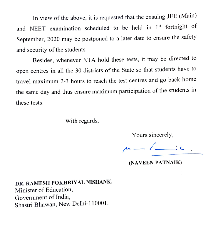 ANI's tweet photo. It would be unsafe for students to visit test centres physically amid #COVID19 for JEE (Main) &amp; NEET tests. Therefore, it is requested that exams scheduled to be held in September may be postponed to a later date: Odisha CM Naveen Patnaik in a letter to Union Education Minister https://t.co/uTqHh3A8cl