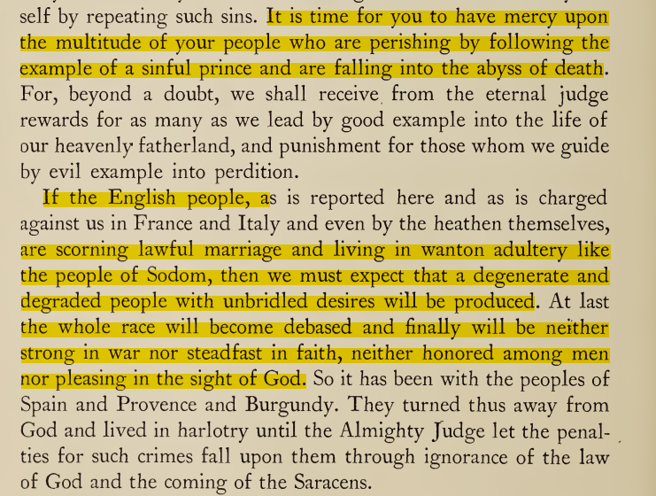 These pseudo-racial arguments lead into their major claim: that England and the English will be brought to ruin by bad sex practices if he's not careful. The English will imitate their king and fall into sin, producing a degenerate race like the ppl of Sodom.