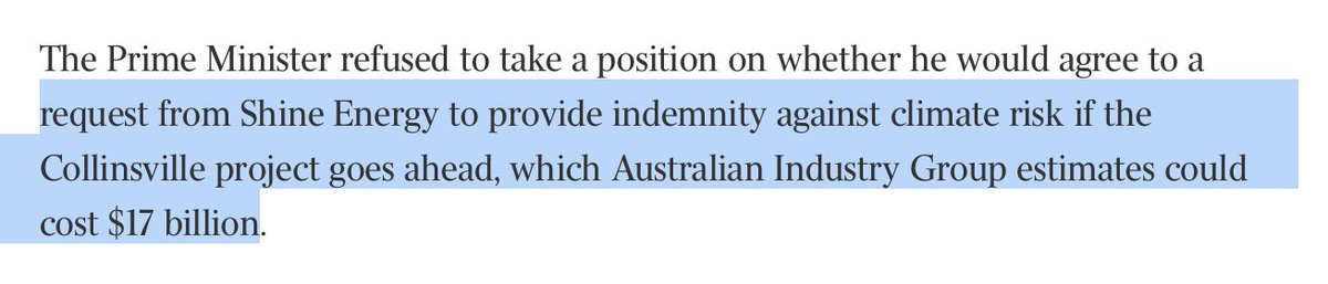 the  @The_AiGroup reckons the project would need the government to provide an indemnity against claim risk — which they estimated to be $17,000,000,000! https://www.theaustralian.com.au/nation/politics/scott-morrison-backs-coal-as-key-jobs-provider/news-story/3527f7a2d1a3e96160c7470c36a36fca