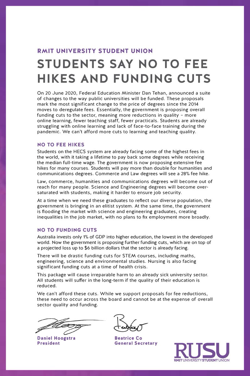 RMITSU's tweet photo. Huge funding cuts to uni courses are coming. Fee hikes are also on the horizon for many students. RUSU and the NUS strongly oppose these cuts and fee hikes. Show your support by liking and sharing our statement. #NoFeeHikes #KillTheBill #StudentFightBack https://t.co/VgLyxBOdij