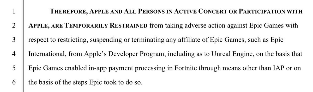 Ruling came down tonight! As expected, the TRO is granted with respect to “any affiliate of Epic Games” (in other words, Unreal Engine) but not granted with respect to Fortnite.