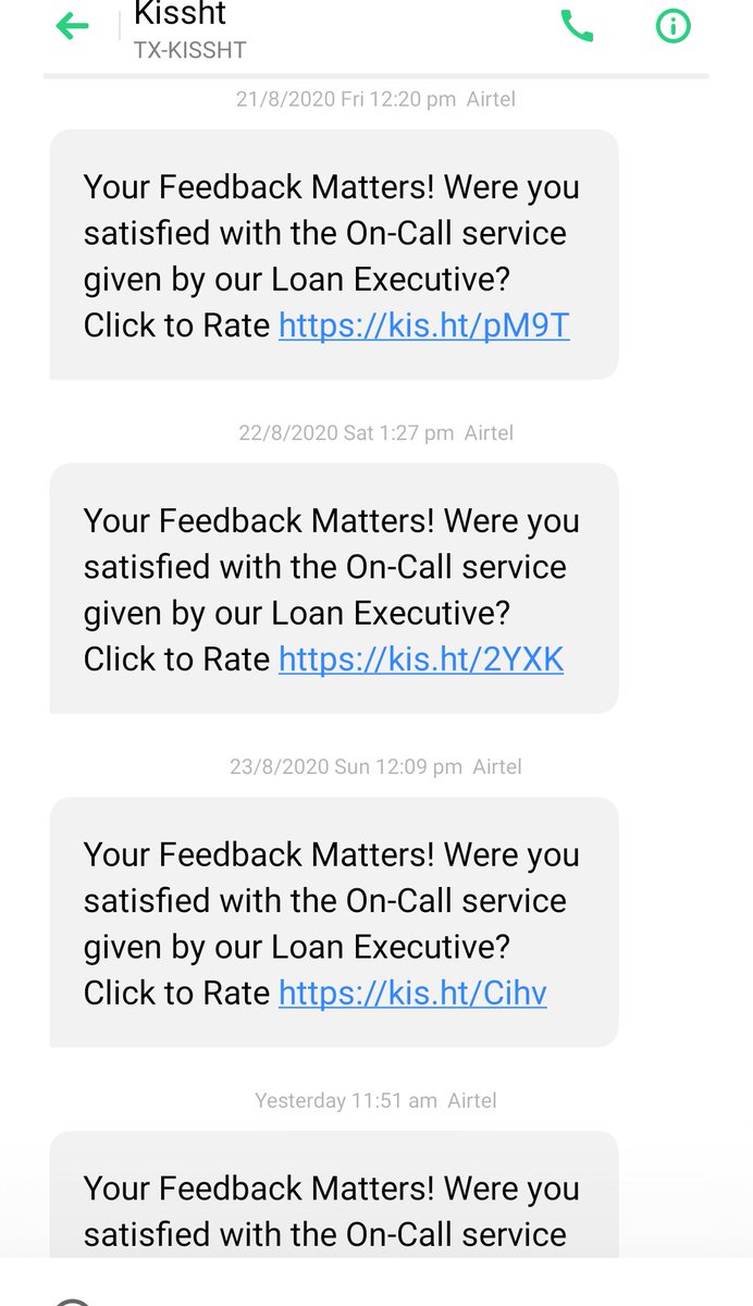 prakhyaati_'s tweet photo. @Kissht_EMI A loan executive from your department has been harassing me on my phone number. Its been 5 days already. It is evident in the image where I receive a feedback link each time the executive calls. Kindly look into the matter and resolve it at the soonest. https://t.co/rVEeCVdX9e