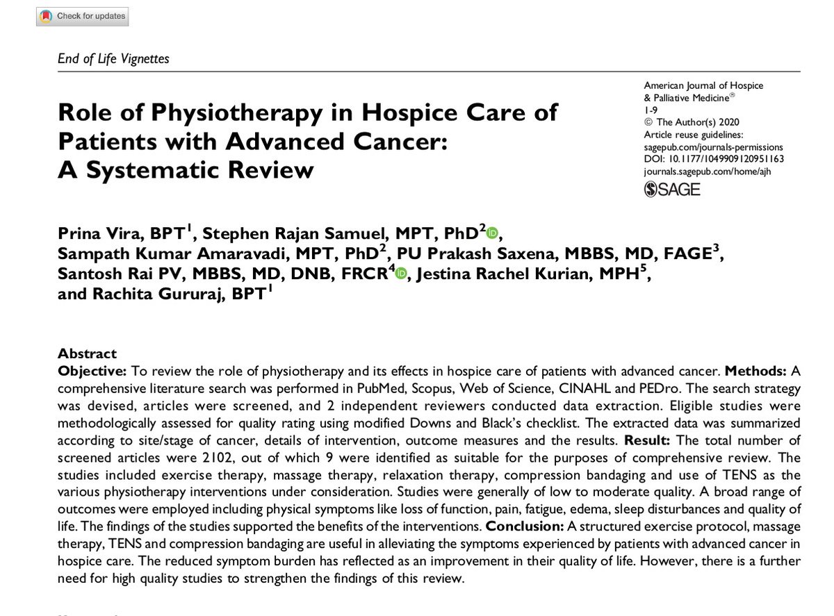 KMC_Mangalore's tweet photo. Congratulations to Physiotherapy for the Q1 publication!
Vira P, Samuel SR, Amaravadi SK, Saxena PP, Rai PV, S, Kurian JR &amp; Gururaj R. Role of Physiotherapy in Hospice Care of Patients with Advanced Cancer. Am J Hosp Palliat Care. https://t.co/CNeyfFaRZc https://t.co/i9TqrjnZx3