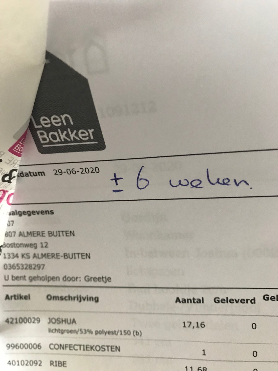 Op 29 juni bij <a href="/leenbakker/">Leen Bakker</a> gordijnen besteld voor een woning die per 1 september is verhuurd. Levertijd door corona iets langer dan normaal: 6 wkn. Tot op heden (8 wkn later) helaas nog géén gordijnen, en de klantenservice kan ons ook geen update geven... 🤔