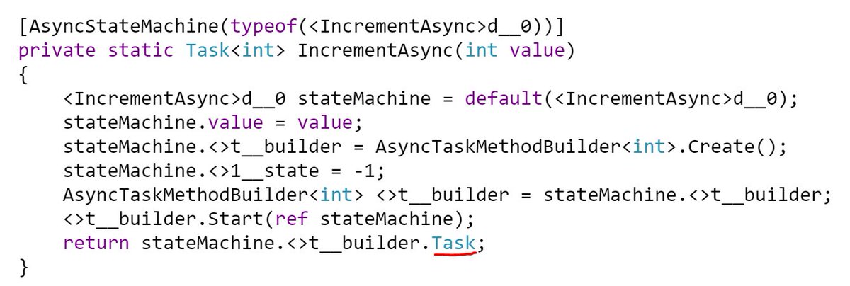 The state machine starts off as a struct to avoid heap allocations if the methods runs completely synchronously. Because this method returns a Task<int> though, it still needs to allocate the result on the heap.