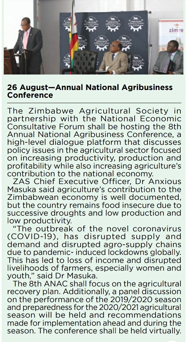 Zimbabwe Agricultural Society (@zimagricsociety) on Twitter photo <a href="/zimagricsociety/">Zimbabwe Agricultural Society</a> in partnership with the National Economic Consultatove Forum shall be hosting the 8th Annual National Agribusiness Conference, on the 26th of August. Don't miss this #virtual event that will be livestreamed on various platforms #agriculture #agribusiness <a href="/zimagricsociety/">Zimbabwe Agricultural Society</a> in partnership with the National Economic Consultatove Forum shall be hosting the 8th Annual National Agribusiness Conference, on the 26th of August. Don't miss this #virtual event that will be livestreamed on various platforms #agriculture #agribusiness