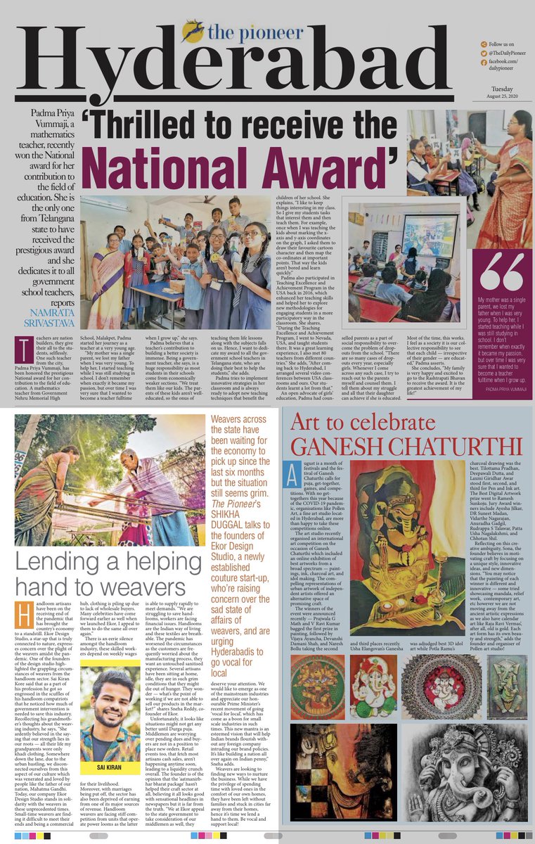 ekordesign's tweet photo. Yaaay. . . . ekor design studio is in today's Poineer Hyderabad. Towards the inception. Bringing back the culture of handlooms to this fashion world. Everyday handlooms - Everyday ekor.
#VocalForLocal 
@ekordesign 
@saikirankore9 
@TheDailyPioneer 
@KTRTRS https://t.co/Uc8Nt8YHoV