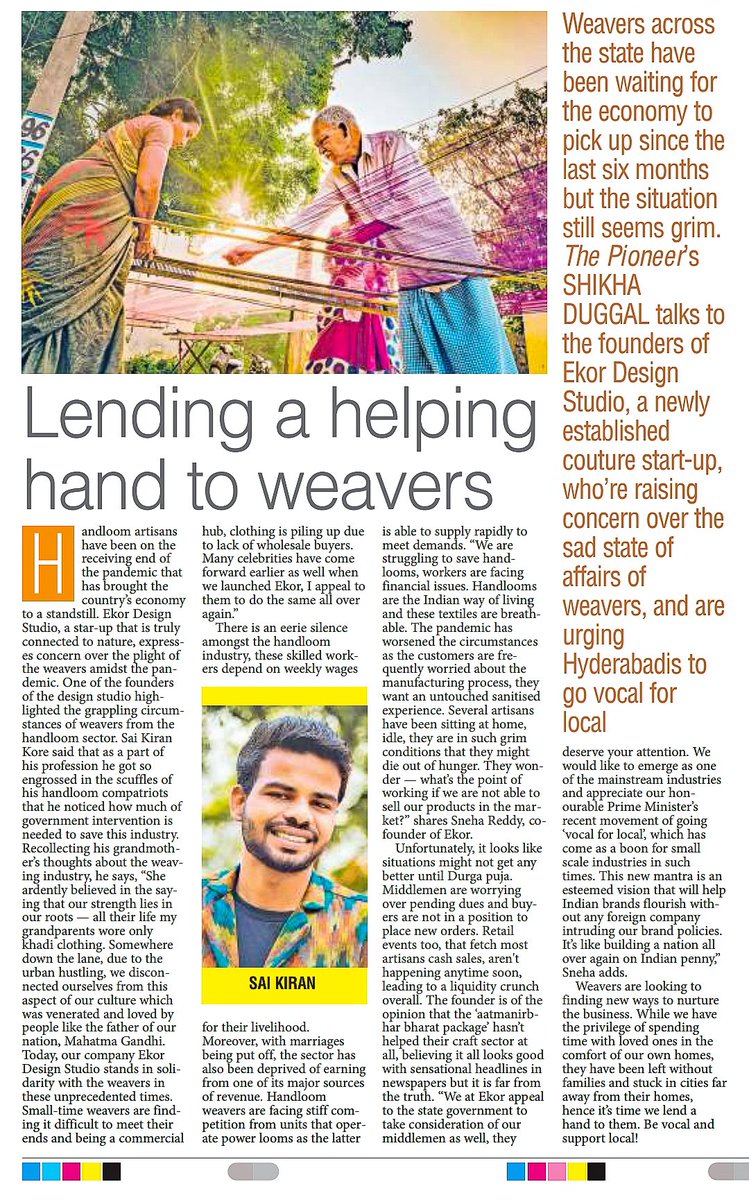 ekordesign's tweet photo. Yaaay. . . . ekor design studio is in today's Poineer Hyderabad. Towards the inception. Bringing back the culture of handlooms to this fashion world. Everyday handlooms - Everyday ekor.
#VocalForLocal 
@ekordesign 
@saikirankore9 
@TheDailyPioneer 
@KTRTRS https://t.co/Uc8Nt8YHoV