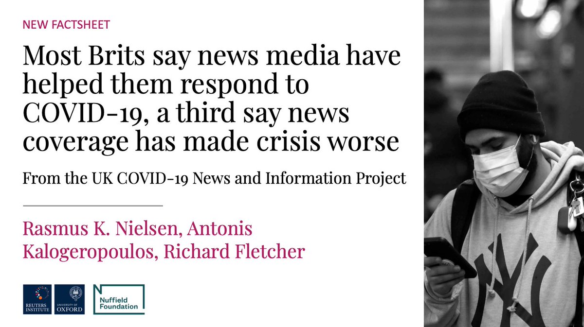 Most in the UK say news media have helped them respond to  #COVID19, but 35% say news coverage has made crisis worse, acc. to our new factsheet, #10 from UK COVID-19 news and info project supported by  @NuffieldFound Read here https://reutersinstitute.politics.ox.ac.uk/most-uk-say-news-media-have-helped-them-respond-covid-19-third-say-news-coverage-has-made-crisisKey findings in thread