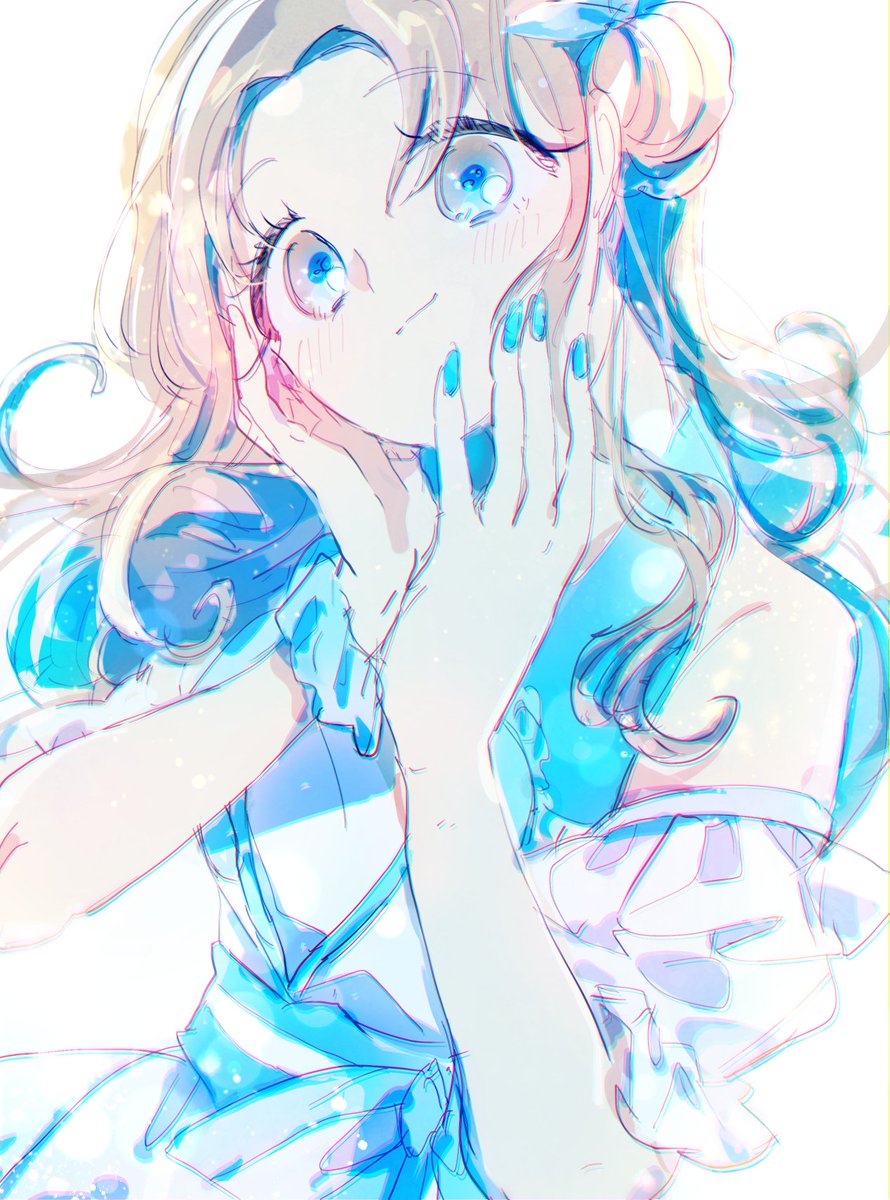 ichikawa hinana 1girl solo hair bun blue nails nail polish white background dress  illustration images