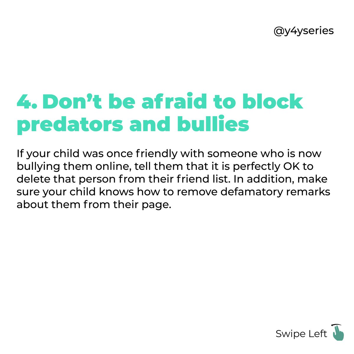 Don’t be afraid to block predators and bullies:⁣If your child was once friendly with someone who is now bullying them online, tell them that it is perfectly OK to delete that person from their friend list.