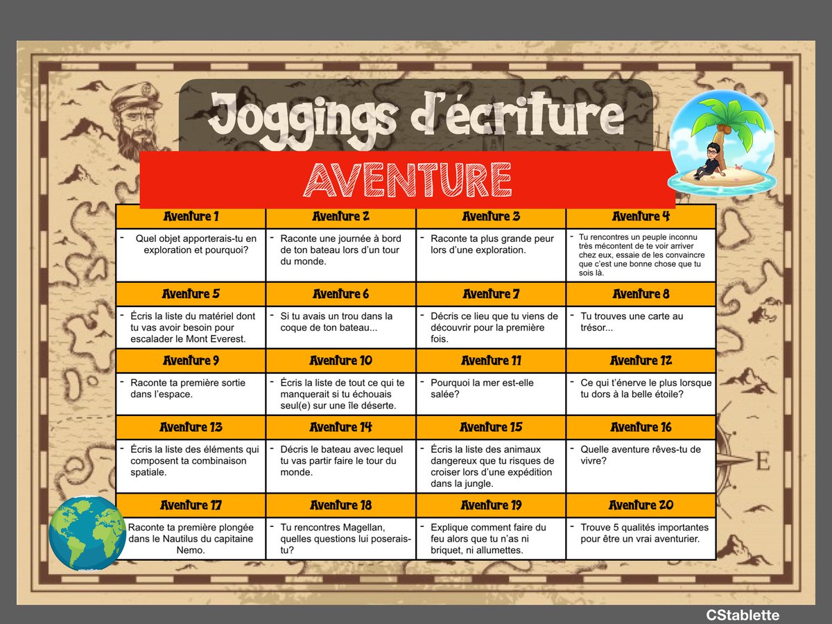 CStablette's tweet photo. Voilà une série de joggings d’écriture placée sous le signe de l’aventure. 🏔🏝🏕🗺🚀⛵️
Objectif: agrémenter la progression habituelle, pour cet exercice régulièrement pratiqué en classe. ✅
Si vous avez d‘autres idées, n‘hésitez pas à partager!
https://t.co/xRiAink272 https://t.co/jYriSjgfgx