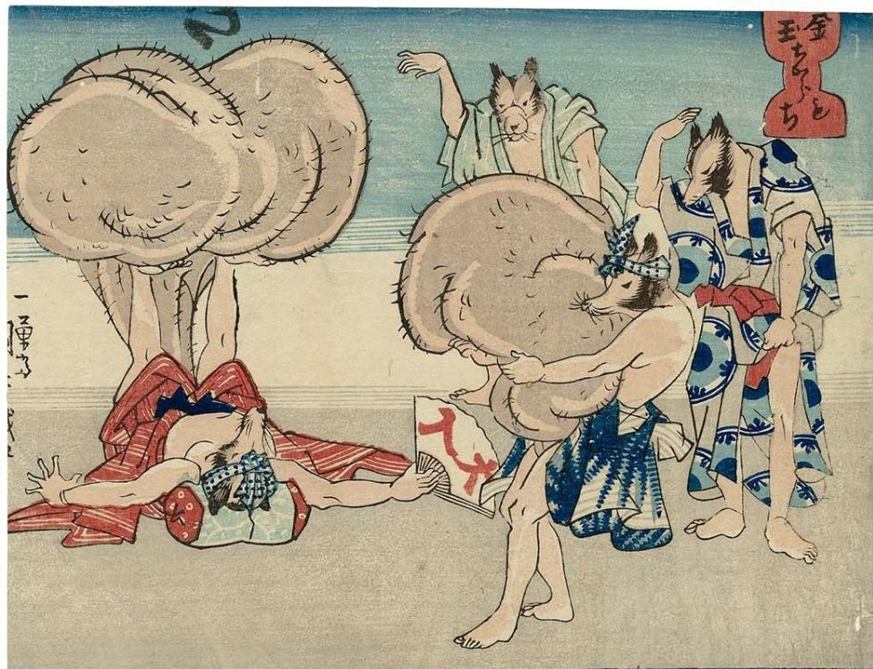 In  #JapaneseFolklore, tanuki are a  #yokai known for their shapeshifting ability & magical powers.  #Ukiyoe artist Kuniyoshi famously depicted tanuki using their expandable scrotums for weightlifting practice, shop signage, fishing and a fortune telling booth. #FairyTaleTuesday