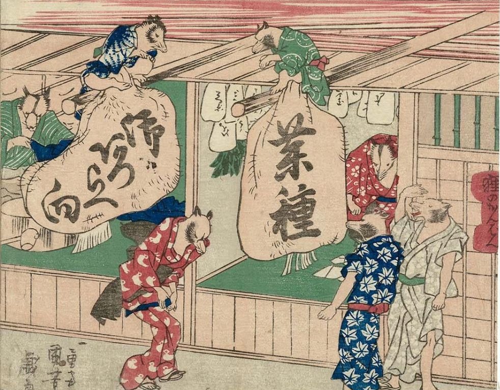 In  #JapaneseFolklore, tanuki are a  #yokai known for their shapeshifting ability & magical powers.  #Ukiyoe artist Kuniyoshi famously depicted tanuki using their expandable scrotums for weightlifting practice, shop signage, fishing and a fortune telling booth. #FairyTaleTuesday