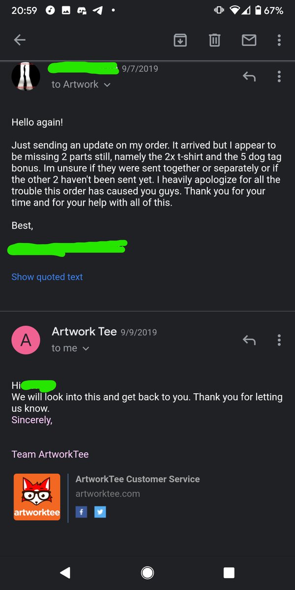 A few days later, my missing calendar campaign items arrived. However, 2 pieces were missing: the t-shirt and the 5 dog tags I purchased as an extra for 25 dollars, in addition to my initial contribution. I was told they would be reshipped, and that my plush payment was received