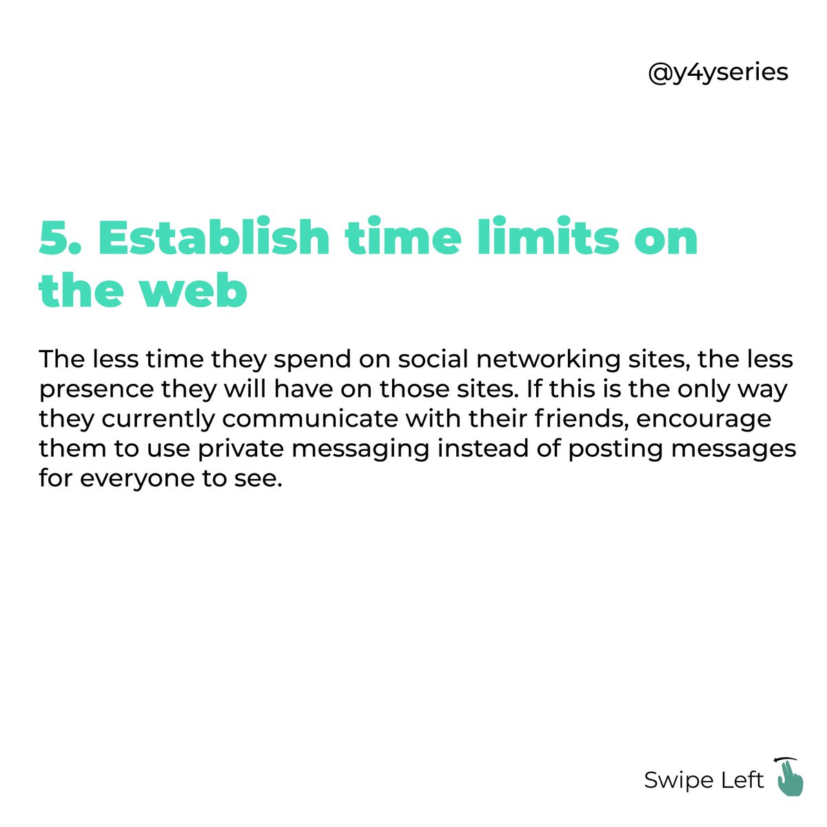 Establish time limits on the web:⁣The less time they spend on social networking sites, the less presence they will have on those sites. Encourage your kids to use private messaging instead of posting messages for everyone to see.⁣
