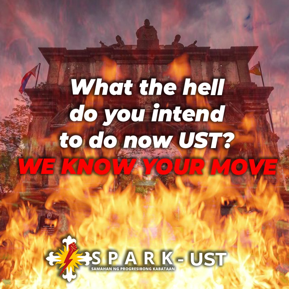 SparkKabataan's tweet image. What the hell do you intend to do now UST?
WE KNOW YOUR MOVE

Read full statement here:
facebook.com/SparkKabataan/…

#JunkPTP
#ResistRepression     
#UpholdAcademicFreedom
#AsanAngRefundUST
#AcademicFreezeNow