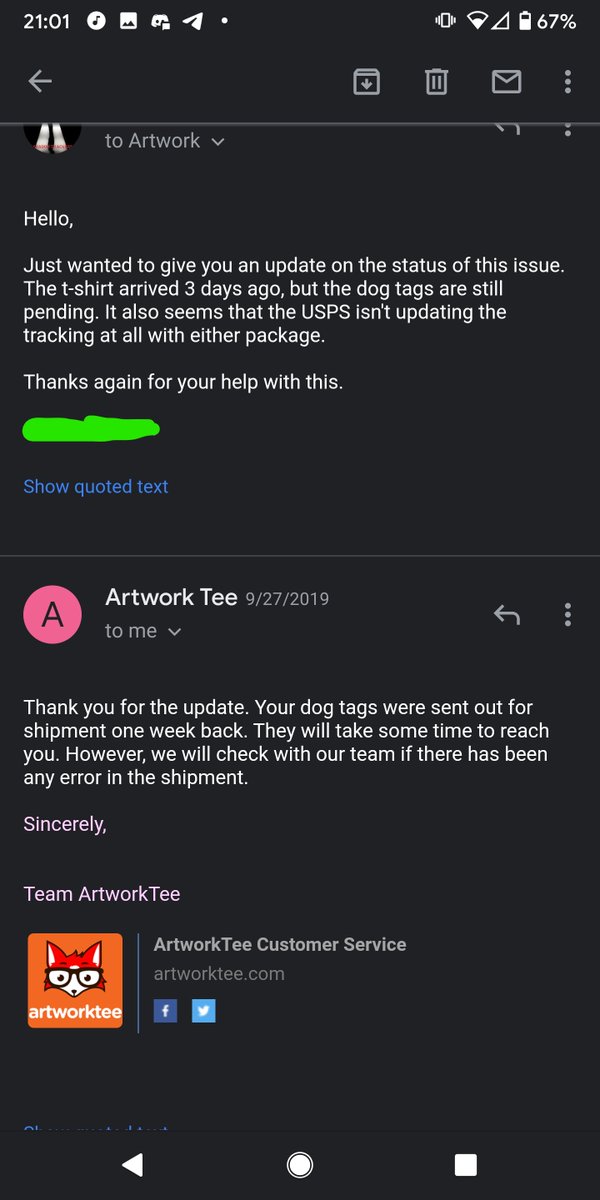 The missing shirt arrived a few days later, however the dog tags were not updating. I emailed and let them know, thinking that maybe it was the fault of the post office. I was told they would be reshipped and would arrive within a few days.