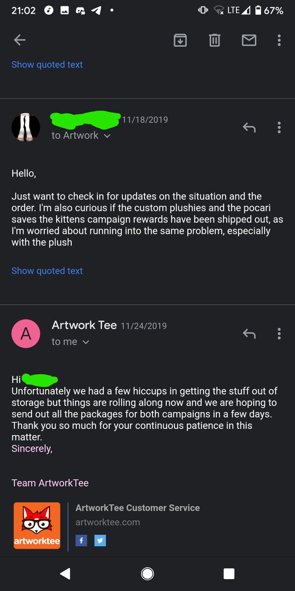 20 days later, they still had not arrived. I messaged again to ask about it, but did not receive a response. Around this time, a different callout post was circulating on twitter. I messaged again, this time through twitter. My other email was answered a bit later as well.