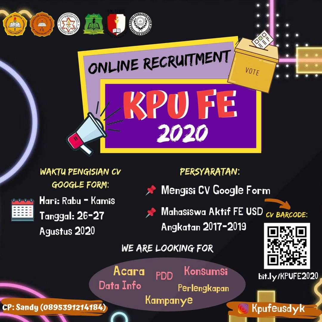 Halo teman-teman👀,
KPU FE kembali lagii nih, siapa disini yang udah lama nungguin kitaa?
Gak kerasa ya sebentar lagi akan ada pemilihan pengurus organisasi yang baru lagi nih, yuk daftar sekarang dengan mengakses link berikut ini bit.ly/KPUFE2020