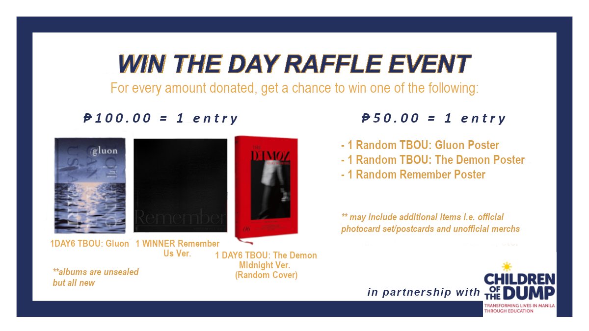 — 𝙬𝙩𝙙 𝙧𝙖𝙛𝙛𝙡𝙚 𝙚𝙫𝙚𝙣𝙩 𝙢𝙚𝙘𝙝𝙖𝙣𝙞𝙘𝙨:Don't you think this is hitting 2 birds w/one stone? You'll get a chance to win an album or poster and at the same time, be able to help those children in need  #WinTheDay  #ChildrenofTheDump
