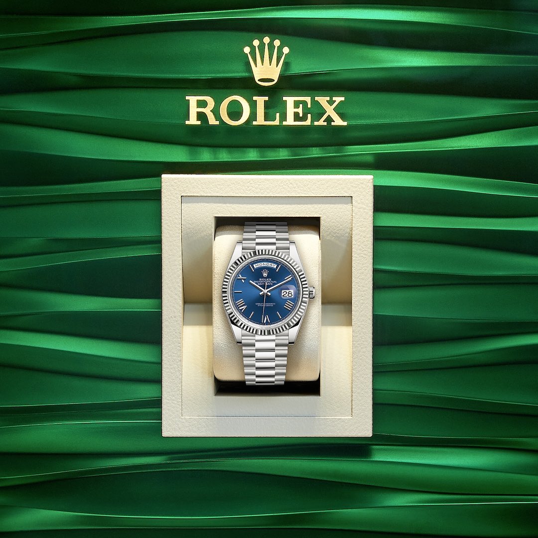 MandCoJewellers's tweet photo. The presidents' watch. The Rolex Day-Date 40 in white gold, 40 mm case, blue dial, a President bracelet. #Rolex #DayDate #mandco #cotswoldstyle #cheltenham https://t.co/abWSHjYv98