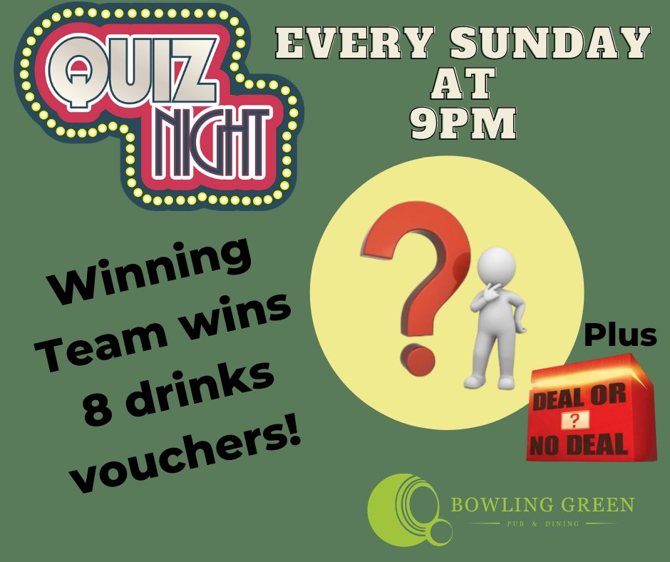 bowler_green's tweet photo. GRAB A TEAM! The Bowling Green quiz night is back! Starting next Sunday at 9pm, usual format with main quiz plus Deal or No Deal. Everyone welcome for some fun and laughter!
#pubquiz @sundayquiz #greatfood #warwickshire #atthebowler #thebowlinggreen #southam #warwickshirepubs https://t.co/rphiiqGGUd
