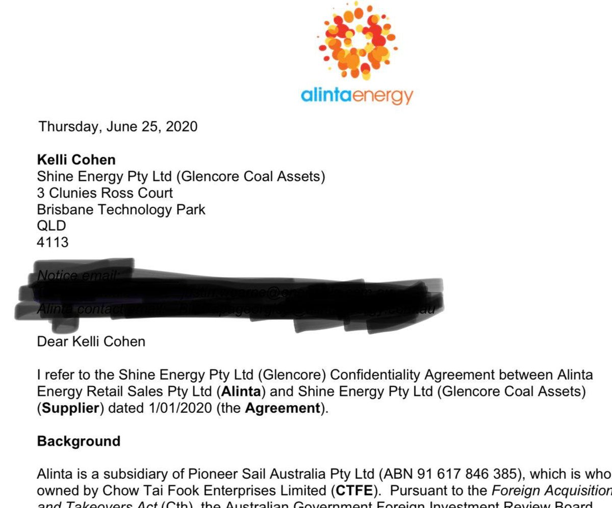 well hello! turns out  @Glencore is behind the scenes.shine/glencore have been allegedly been shopping the idea around with every major retailer in the country.here’s part of a confidentiality agreement between alinta energy and “Shine Energy Pty Ltd (Glencore Coal Assets)”