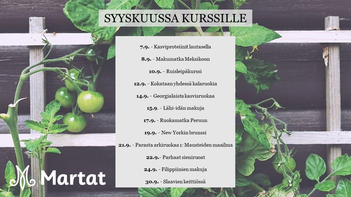 Nyt kun ei muuten voi matkustaa maailmalla, on ihanaa tehdä makumatkoja eri ruokakulttuureihin. Tervetuloa mukaan #martat -ruokakurssille: martat.fi/uusimaa/tapaht…