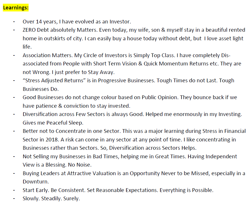 FI_InvestIndia's tweet photo. In my 14 years of Investment Journey, I Tried, Tested &amp; Tasted a Lot. Luckily Lost Little. Gained Much. Had Satsang. Filters Improved. Approach Evolved. Patience. Understanding Gained. Became Owner.

Small Snapshot Below of Journey. Share only if Useful.

#FI https://t.co/QG1yFmiVwl