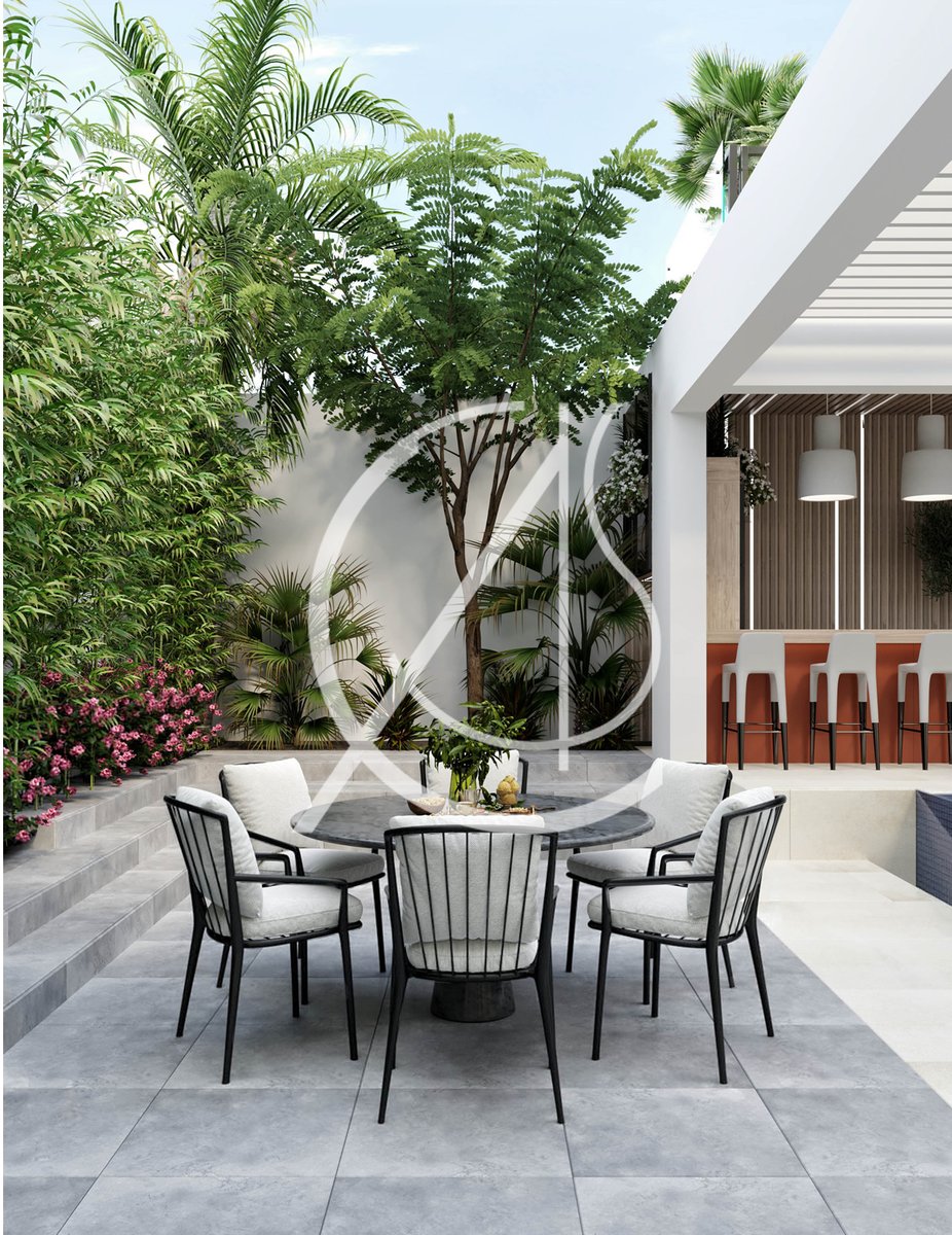 Why go on vacation when you can create a tropical paradise right in your own backyard? This is exactly what the clients of this #AbuDhabi villa envisioned for the tropical #swimmingpool sitting area corner of their villa. comelite-arch.com/portfolio/trop… #تصميم_حدائق #فيلا_مودرن