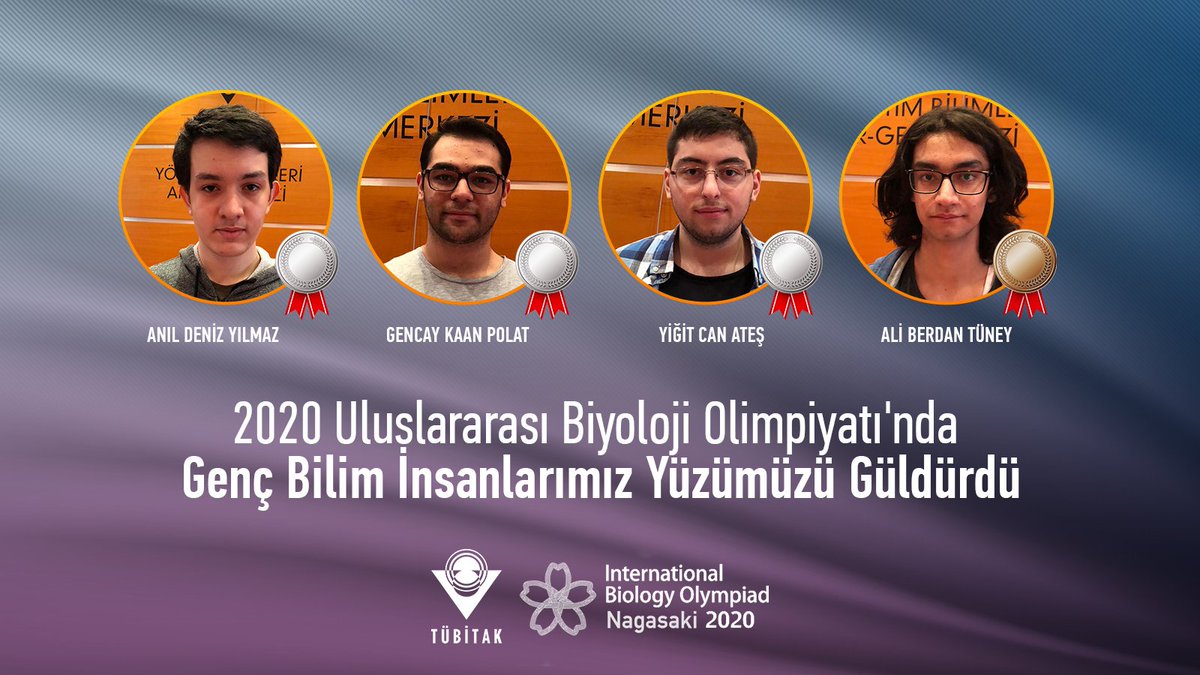 2020 Uluslararası Biyoloji Olimpiyatı'nda 3 gümüş 1 bronz madalya kazanarak yüzümüzü güldüren genç bilim insanlarımızı tebrik ederiz.

🥈Anıl Deniz Yılmaz
🥈Gencay Kaan Polat
🥈Yiğit Can Ateş
🥉Ali Berdan Tüney

👏🏻👏🏻👏🏻

👉 tubitak.gov.tr/tr/haber/ulusl…