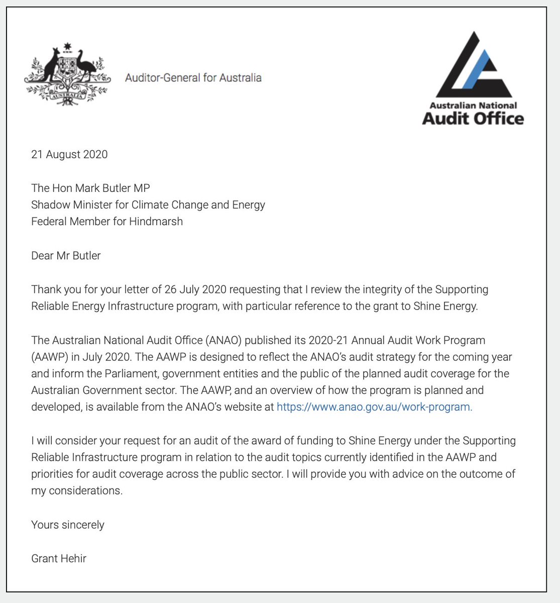 at the end of july,  @Mark_Butler_MP referred this sordid saga to the ANAO, and last week the auditor general agreed to consider adding it to the work program. https://www.anao.gov.au/work/request/supporting-reliable-energy-infrastructure-program