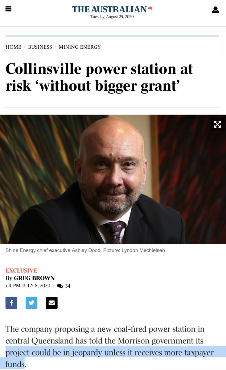 hilariously,  #AshleyDodd has been crying poor recently — saying that he needs $4m.keep in mind that  #ShineEnergy has never built a thing… it doesn’t even have an office. https://www.theaustralian.com.au/business/mining-energy/collinsville-power-station-at-risk-without-bigger-grant/news-story/f853b6a46af73cf51ceda1a3a6e1032d