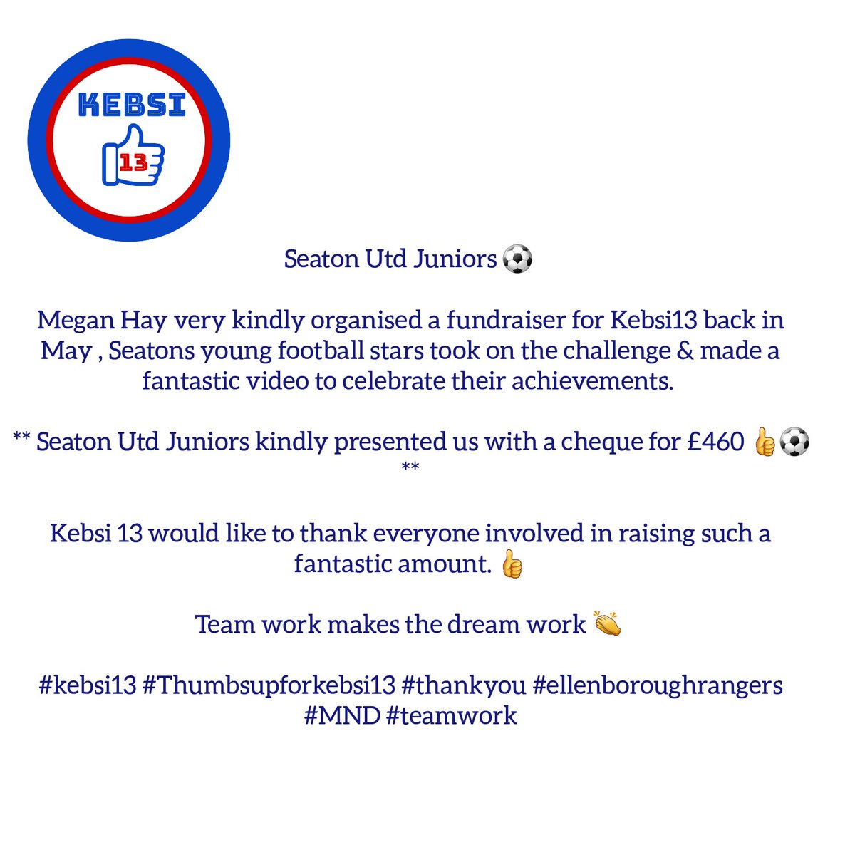 Seaton Utd Juniors ⚽️ 
Megan Hay very kindly organised a fundraiser for Kebsi13 back in May , Seatons young football stars took on the challenge &amp; made a fantastic video to celebrate their achievements.
Seaton Utd Juniors kindly presented us with a cheque for £460 ⚽️ 
#thankyou