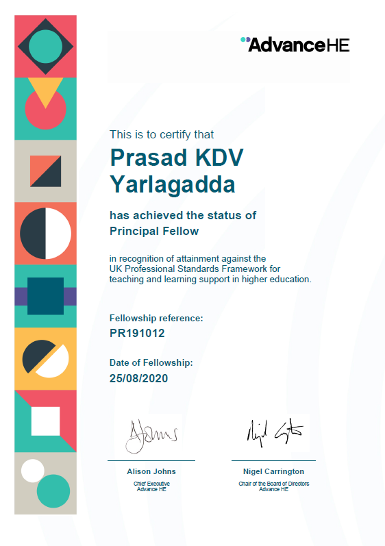 1Yarlagadd's tweet photo. I am pleased to share my recent accomplishment in achieving Principal Fellow, Higher Education Academy, UK. I understand that it is highest recognition one can get in Higher Education Sector at Strategic Level. Though the process is very rigorous, tedious and long process. https://t.co/2qHWuVaomh