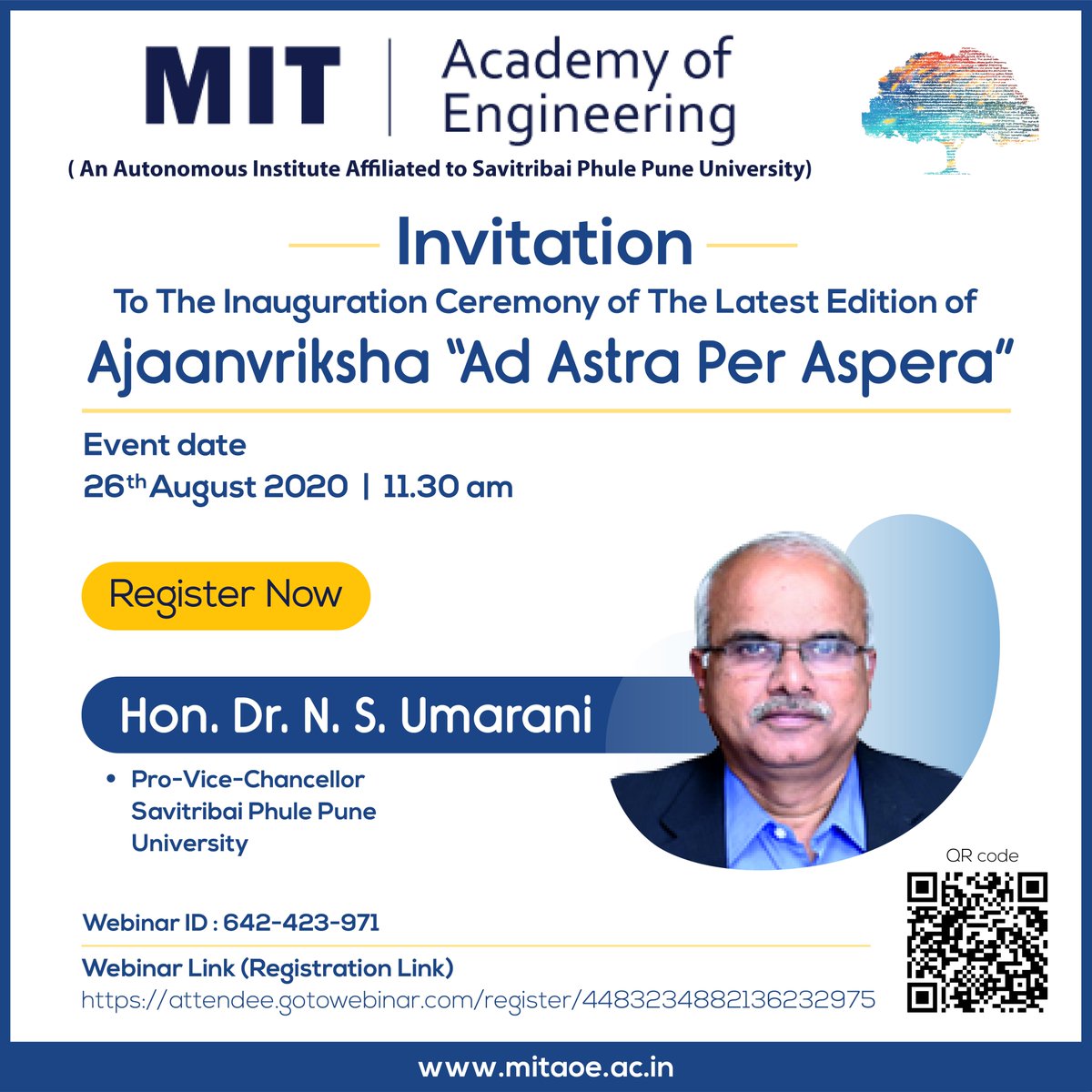 MITAOE's tweet photo. #Team #Ajaanvriksha invites to the #inaugural #ceremony of the #magazine “Ad Astra Per Aspera” on August 26, 2020, Released by Hon. Dr. N.S.Umarani (Pro-vice-chancellor, Savitribai Phule Pune University).
#RegistrationURL: https://t.co/uiI3XvtVfS
#WebinarID: 642-423-971 https://t.co/NZPZ0e49rd