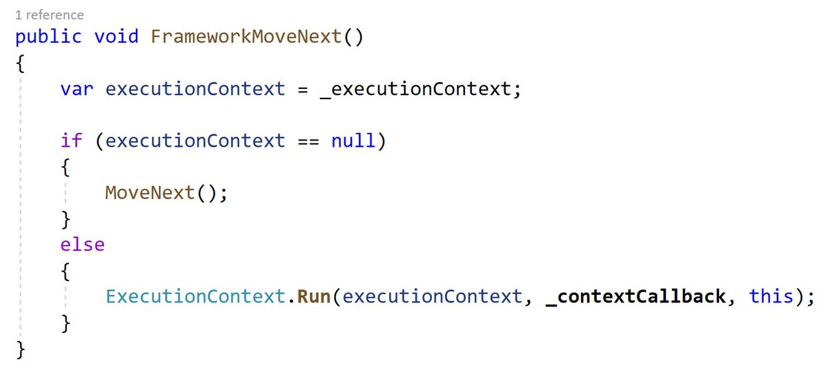 First we introduce a FrameworkMoveNext, that tries to capture the execution context and execute MoveNext under that execution context. This is what makes async locals work. We also updated the original code to call into FrameworkMoveNext as the continuation.