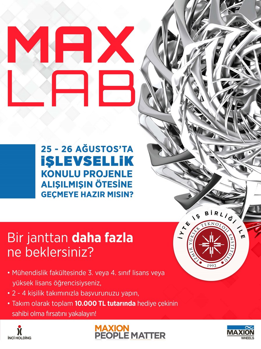 Maxion Jant tarafından düzenlenen işlevsellik konulu hackathon başladı. Etkinliğin düzenlenmesinde emeği geçen Maxion İnci Jant Grubu'na teşekkür eder, tüm katılımcı ekiplerimize başarılar dileriz