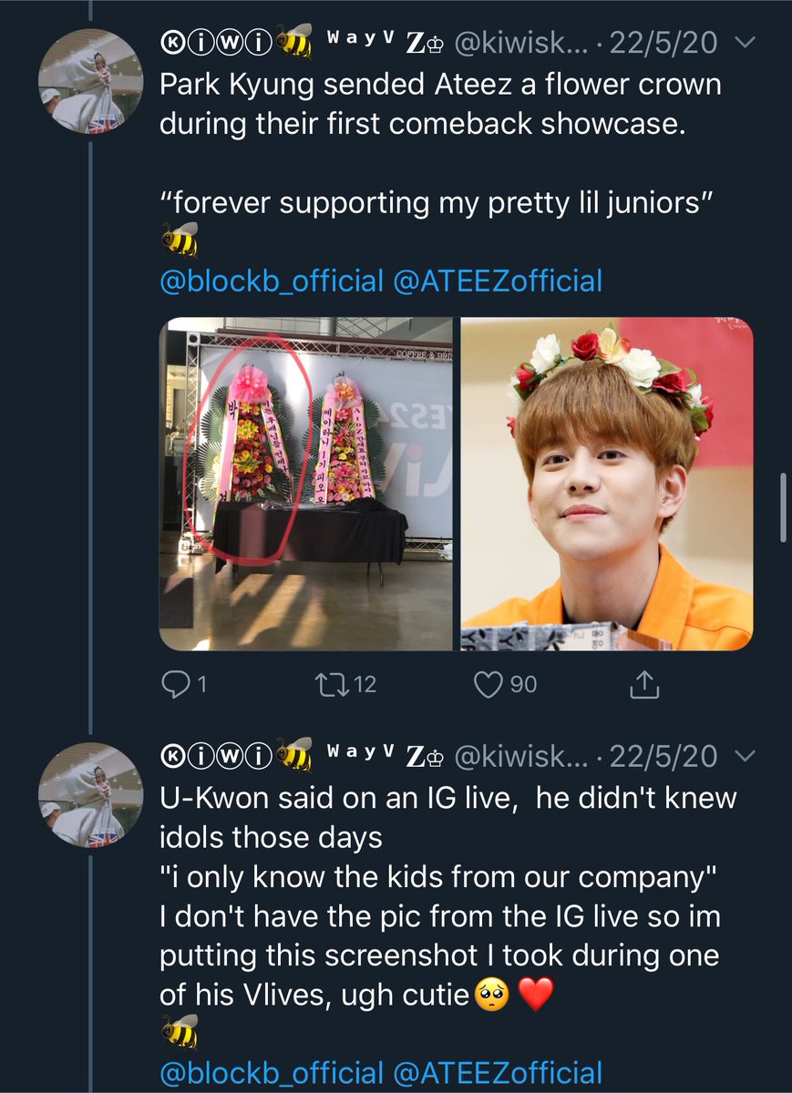 Not to mention the amount of times ATEEZ have referred to Block B as their seniors, or the times Block B has talked about ATEEZ being their younger brothers(Credit to this amazing thread  https://twitter.com/kiwisky_/status/1263826628456701952?s=21)