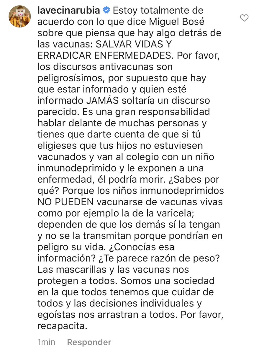 lavecinarubia's tweet photo. Esta es mi respuesta al discurso antivacunas de Miguel Bosé en Instagram. Es importantísimo que estemos informados, como él dice, de la importancia de las vacunas y de llevar mascarilla. https://t.co/ijVB0UtcPt