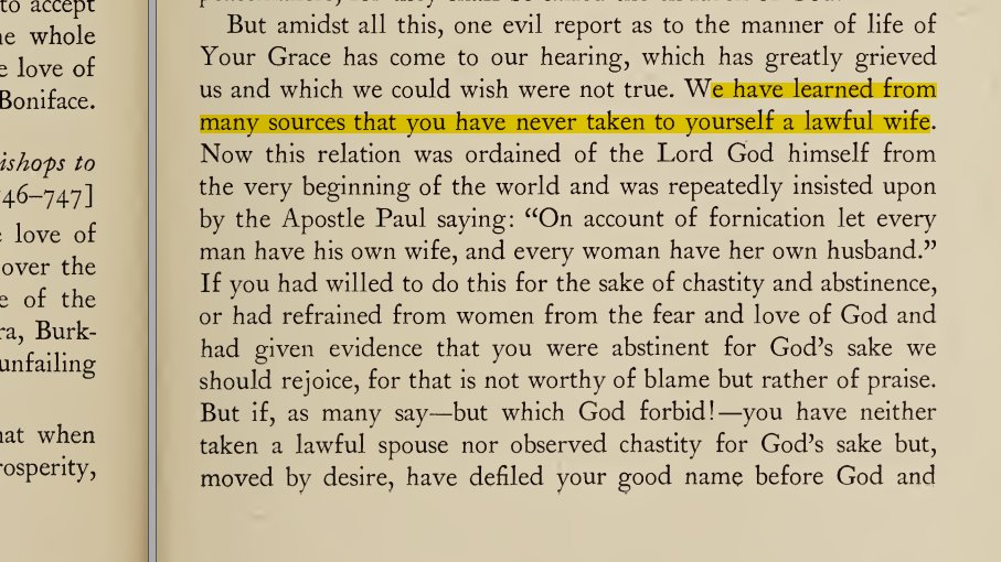 In 746/747, a group of bishops wrote an open letter to Mercian King Ethelbald, urging him to take a wife and stop sleeping with nuns, for the sake of the future of the kingdom and the English people's health.