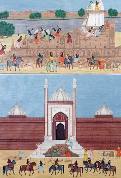 Destruction of Krishna Janmasthan temple at Mathura by Aurangzeb(13-1-1670). Shri Krishna's Murti was put on the steps of Jahanara Mosque, Agra for MøzI¡ms to continually trod on him (also shown).Such was his hatred.And  @AudreyTruschke would have u believe he was "tolerant".