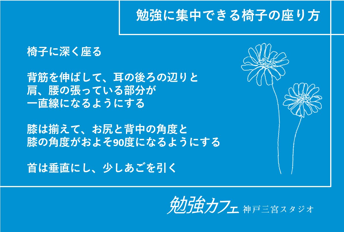 ট ইট র 公式 勉強カフェ神戸三宮 6年目start 長時間の勉強 は 集中力が持たなかったりして結構しんどいですよね 椅子の座り方を見直すと今よりさらに集中できるかもしれません ぜひお試しください 勉強 勉強カフェ 神戸 三宮 仕事 試験 資格